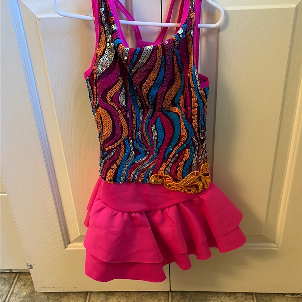 Weissman Girls Pink Sequin Dance Costume with Multi-Color Bodice